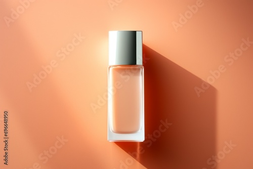 Bottle mockup on a backdrop in trendy Peach Fuzz color. Background with selective focus and copy space