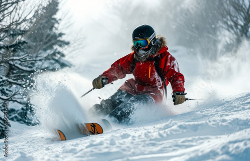 Skier in mid-air, enjoying extreme winter sports, skiing downhill on a sunny day in the high mountains.