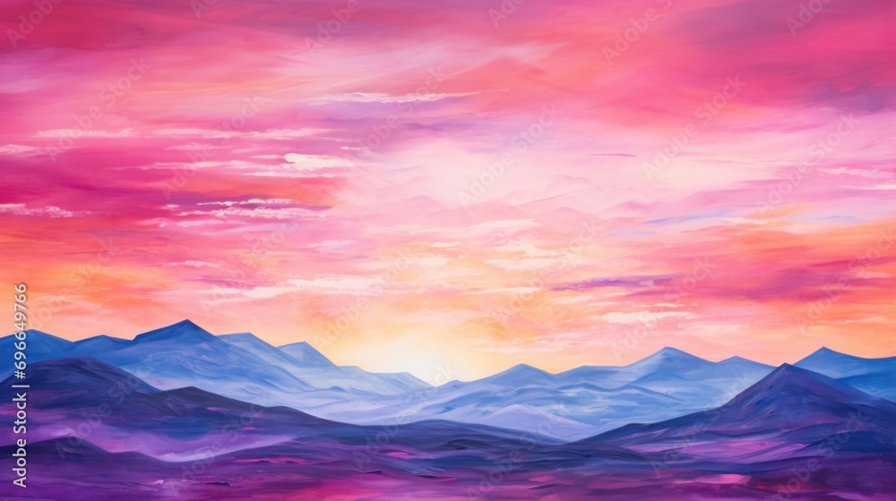 As the sun sets over the horizon, the sky is painted with vibrant shades of pink and purple, creating a romantic backdrop for the heartshaped mountains in the distance.