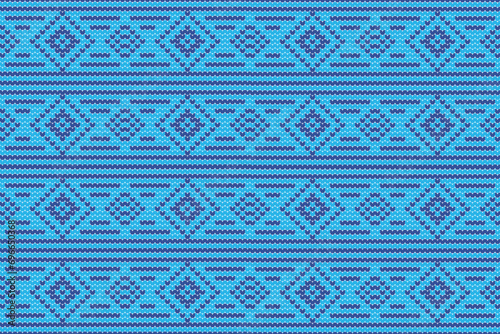 Knitted seamless pattern tribal style.Abstract geometric square embroidery crochet blue color background.Vector illustration. Design for decorating, wallpaper, wrapping paper, fabric, backdrop etc.