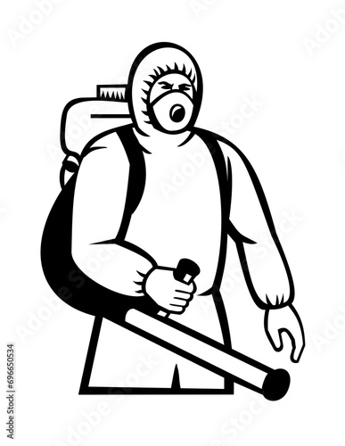 Mascot illustration of a fumigator about to fumigate, disinfect or eradicate pest and disease viewed from front  on isolated background done in retro style black and white.
