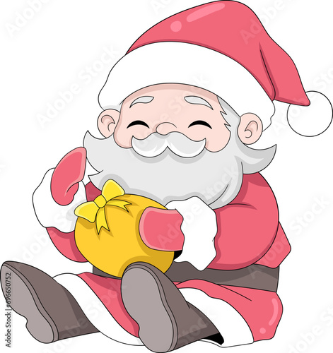Santa Claus sits with a happy face and brings Christmas gifts to the children