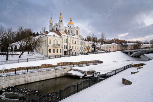 View of the Assumption Mountain, the Holy Spirit Monastery and the Holy Assumption Cathedral on the banks of the Western Dvina and Vitba rivers on a winter day, Vitebsk, Belarus