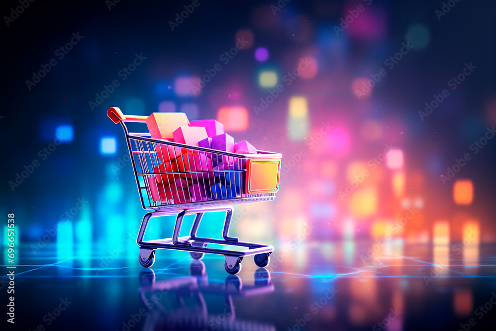Illustration of a shopping cart, symbolizing the concepts of ecommerce and business, set against a neutral background.





