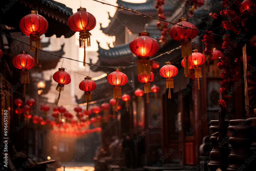 Traditional lanterns gracefully hanging across an ancient Chinese street, creating a captivating and atmospheric scene.