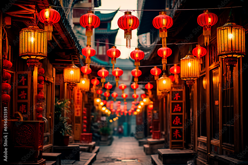 Obraz premium Traditional lanterns gracefully hanging across an ancient Chinese street, creating a captivating and atmospheric scene.