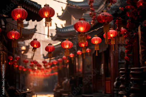 Traditional lanterns gracefully hanging across an ancient Chinese street, creating a captivating and atmospheric scene.