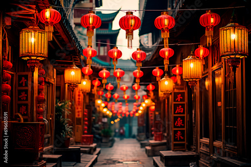 Traditional lanterns gracefully hanging across an ancient Chinese street, creating a captivating and atmospheric scene.