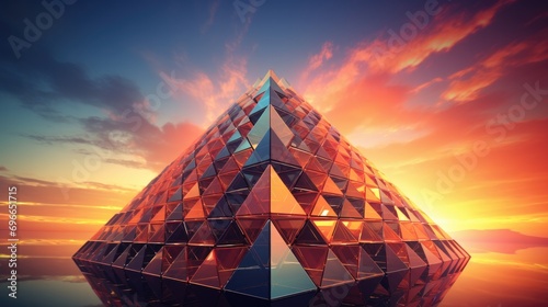 A pyramid shaped building with a sunset in the background. Generative AI. photo
