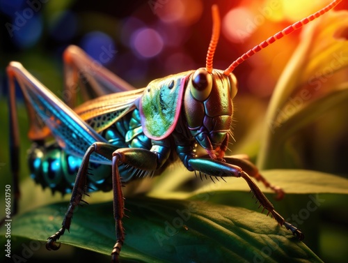 A grasshopper is sitting on a leaf. Generative AI. © serg3d