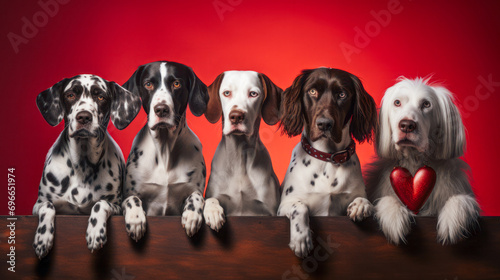 Five adorable dogs enjoy and pose against a passionate red background, spreading love in the air.