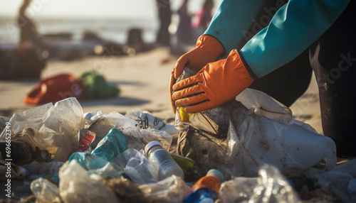 Beach Conservation Effort: A Volunteer Cleaning Up Plastic Pollution on the beach. 