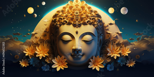 Glowing golden buddha face with the moon light, decorated with flowers
