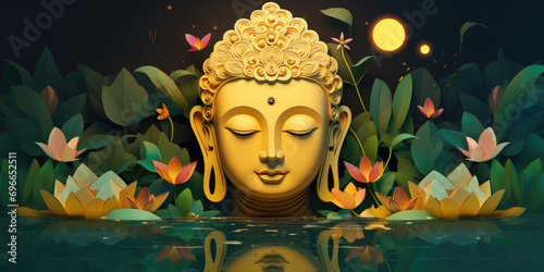 Glowing golden buddha face with heaven light  decorated with flowers
