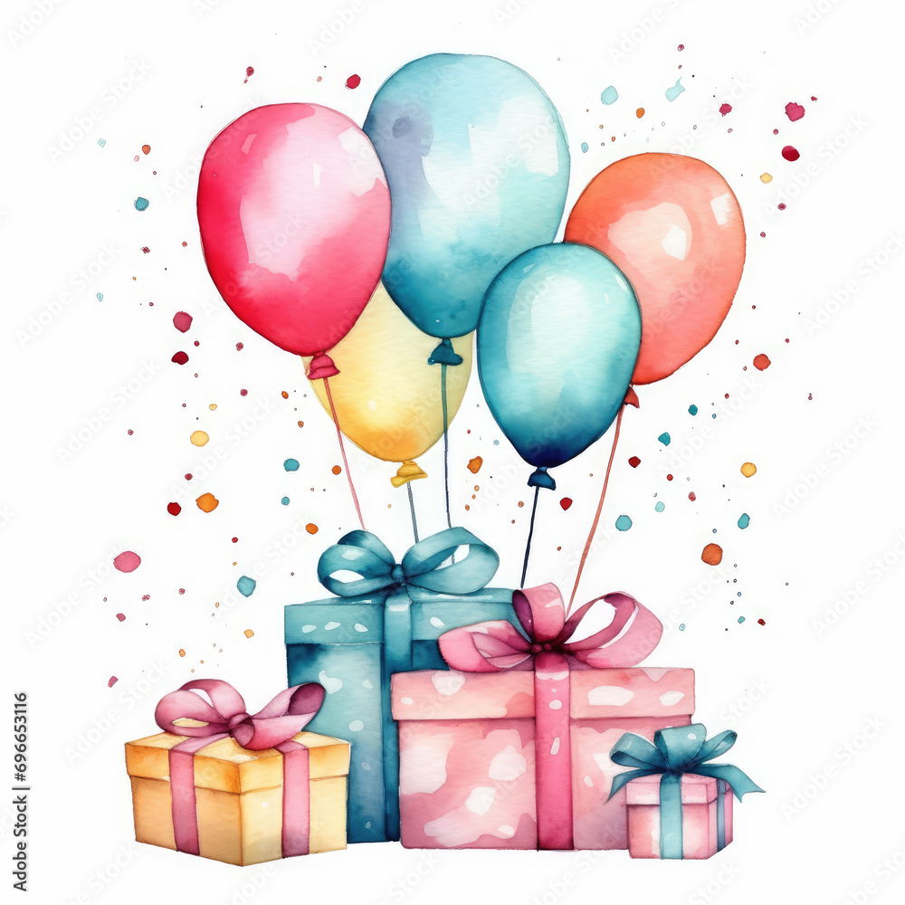 Birthday Gift boxes and balloons. Watercolor illustration on white background.