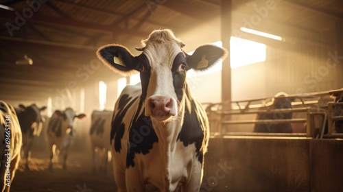Dairy Cow Portrait in a Sunlit Barn photo