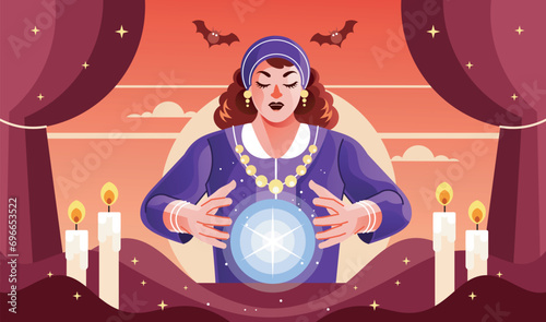 Woman Fortune Teller Working with Crystal Ball