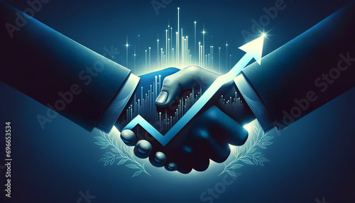 Abstract business agreement handshake with a rising arrow showing growth photo
