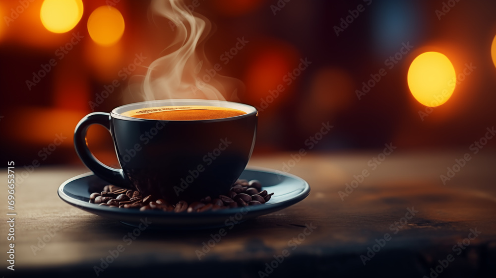 Obraz premium Cup of coffee on cozy background picture 
