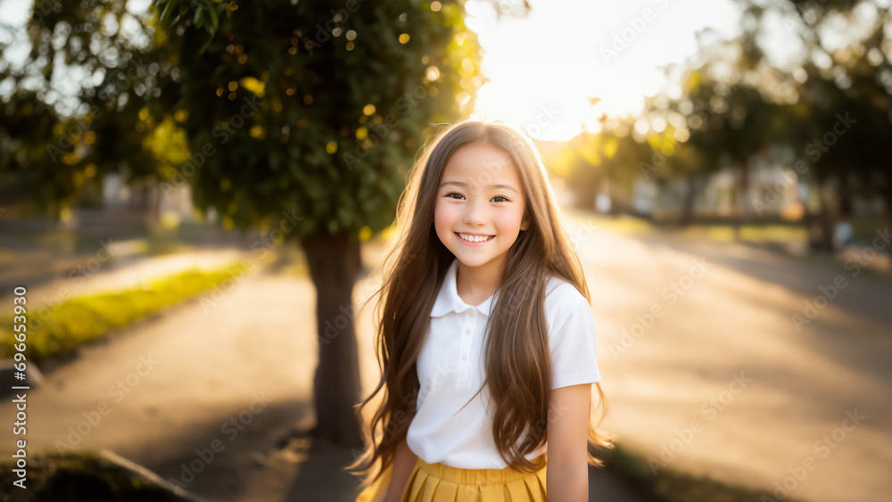 Sun-kissed Smile: A radiant American teen school girl, dressed in a breezy white dress, beams with joy in a golden hour garden Sun-kissed Smile: A radiant American teen school girl, dressed in a breezy white dress, beams with joy in a golden hour garden