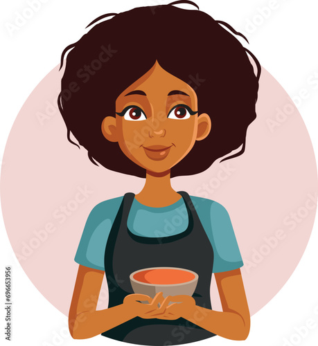 Female Home Chef Holding a Bowl of Soup Vector Cartoon Character. Cheerful voluntary serving cream soup to the ones in need
