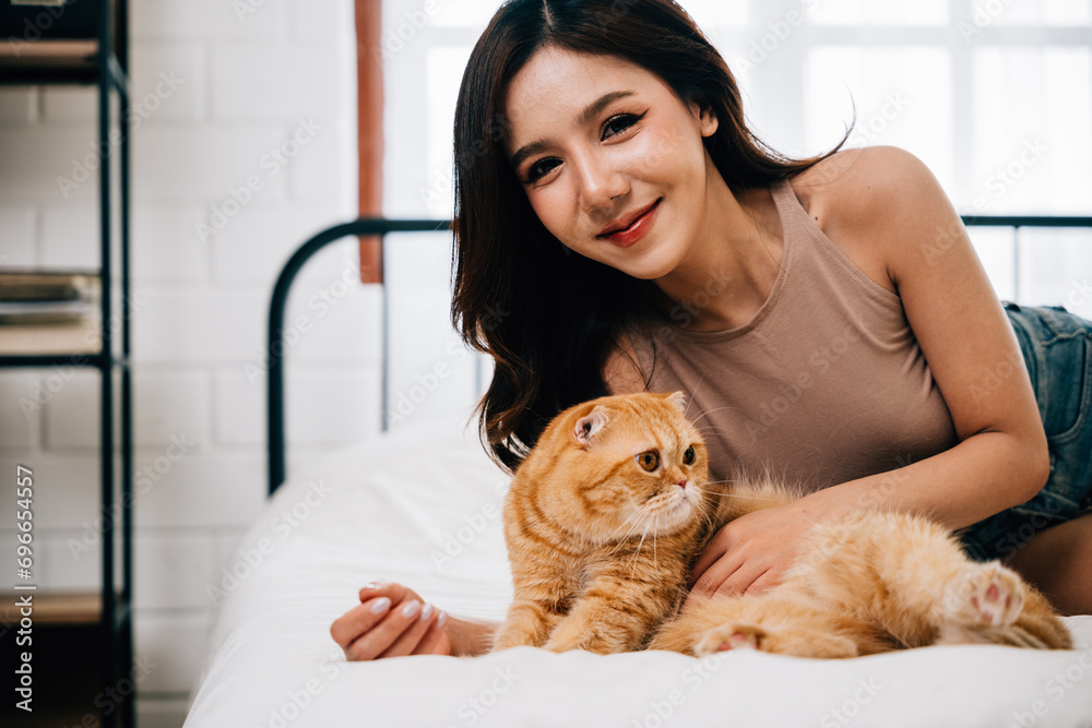 A woman and her orange Scottish Fold cat find happiness and relaxation on the bed in their room. Their bond radiates warmth and care, exemplifying the beauty of pet ownership. Pat love A woman and her orange Scottish Fold cat find happiness and relaxation on the bed in their room. Their bond radiates warmth and care, exemplifying the beauty of pet ownership. Pat love