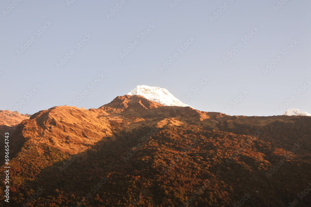 View of mountains and trees in the morning on the hiking trail to Annapurna Base Camp.