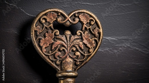A vintage iron key p gently on top of a heartshaped lock, representing the timeless nature of love and its ability to transcend time and place.