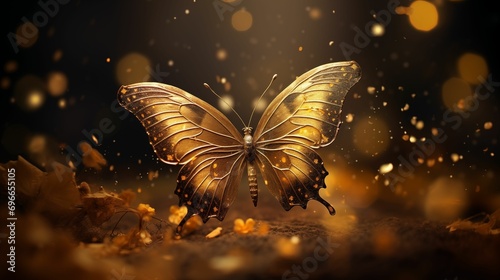 A nocturnal butterfly surrounded by gold glitter and dust on a dark background.