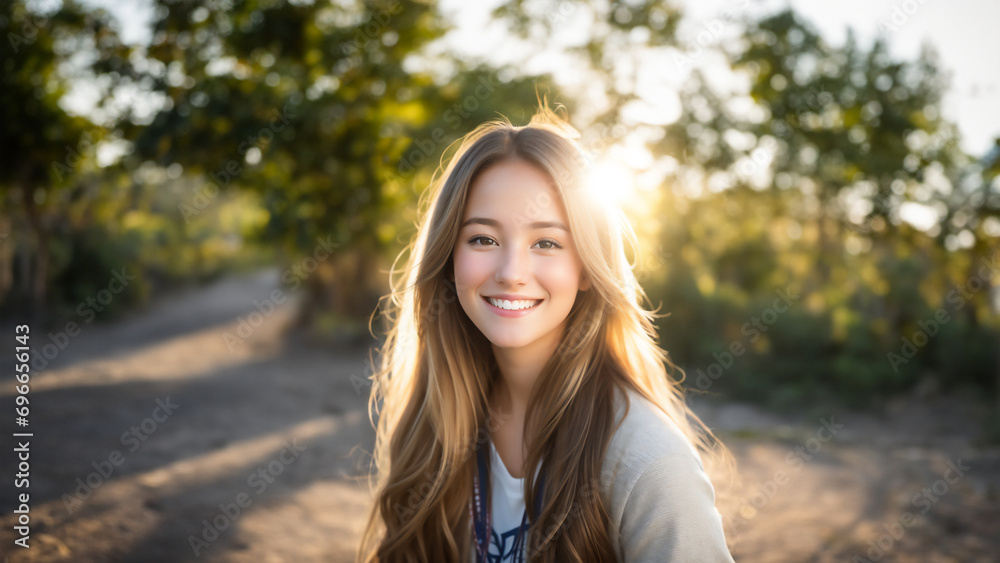 Naklejka premium Sun-kissed Smile: An American campus girl beams with golden hour joy amidst a vibrant garden, her casual dress and sun-kissed hair glowing against the lush greenery