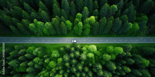 Top view Road through the green forest, Aerial view car truck drive going through forest Texture of forest view from above, Ecosystem and healthy environment photo