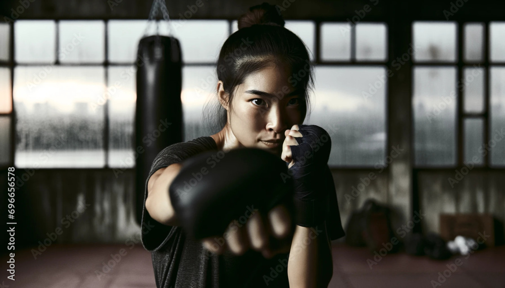Intense female boxer in mid-punch, her focus sharp in a gritty gym, epitomizing the raw energy of boxing training.