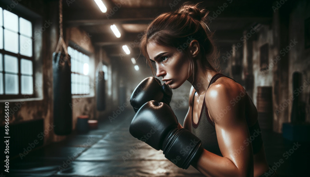 Determined female boxer in stance, poised and ready in a dimly lit gym, embodying the spirit and focus of boxing training.