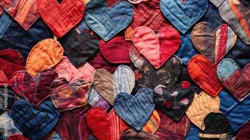 A detailed closeup of a heart collage made from layers of different types of fabric, creating a tactile and visually interesting piece. photo