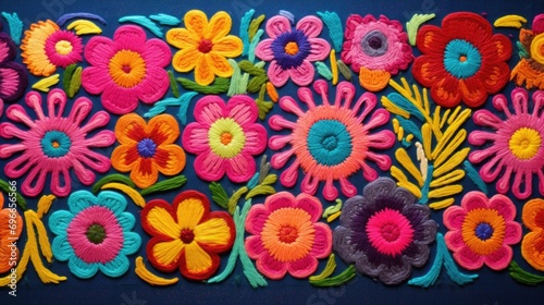 An embroidered wall hanging, with slightly uneven stitches but bursting with color and unique designs. photo