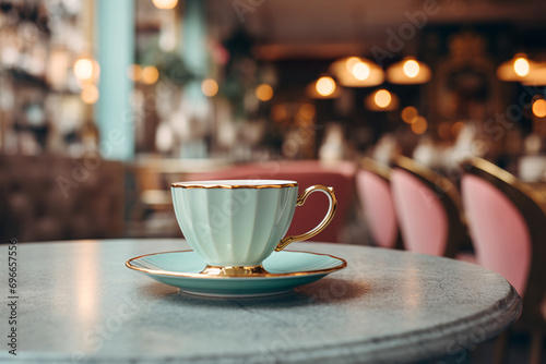 Explore the charm of a cafe's interior with a close-up view of a vintage teacup and saucer. Showcase the elegance and character in the details. Blur the background to create a sense of intimacy.