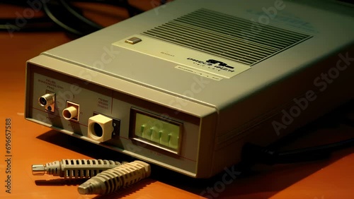 A closeup of a modem, demonstrating its ability to convert digital signals into analog signals to be sent over telephone lines or cable connections. photo
