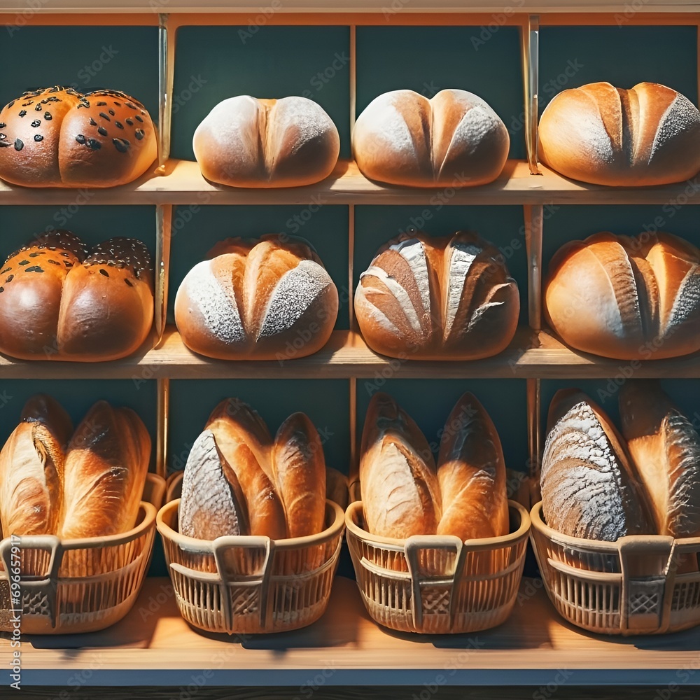 Fresh bread buns, bread loaves, and baguettes in a supermarket bakery ...