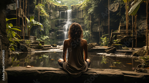 Woman yoga in the waterfall