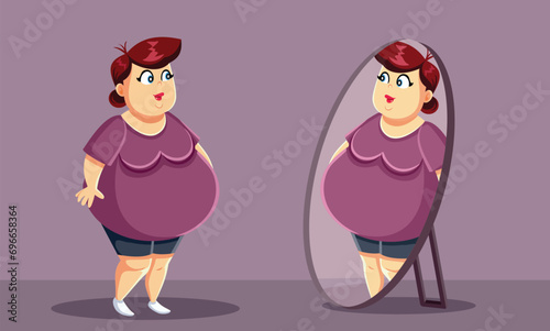 Body Positive Woman Feeling Good About Her Weight Vector Illustration. Curvy model looking in the mirror with self-love and acceptance 
