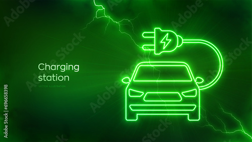 Electric vehicles charging point. Charging station icon with electrical energy glow. Electric Supply Station. Energy Efficiency. Alternative fuel. Electric discharge effects. Vector illustration.