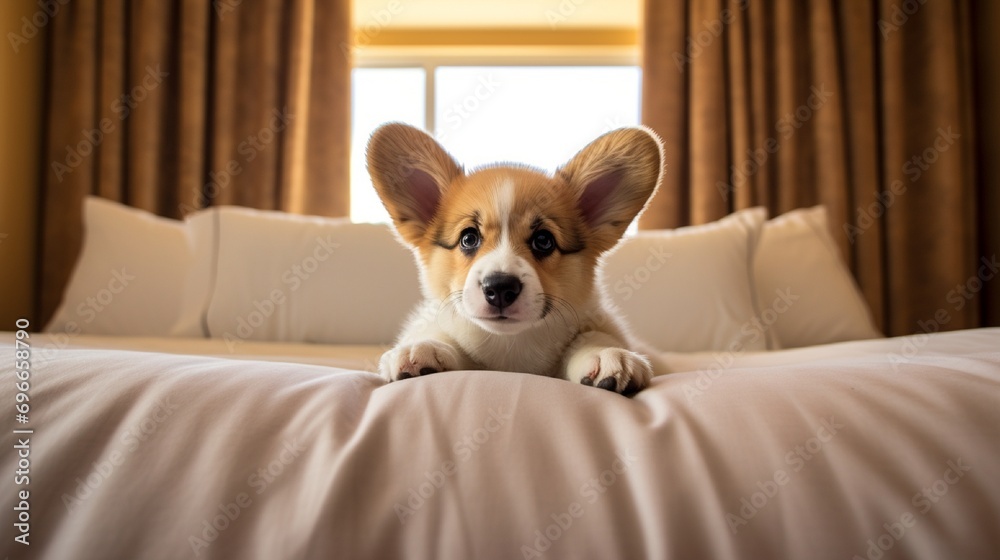 Small adorable dog sits on the edge of a large bed. Small adorable dog sits on the edge of a large bed.