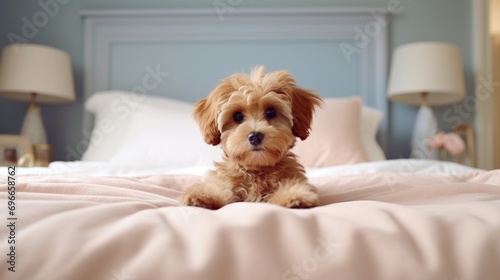 Small adorable dog sits on the edge of a large bed.