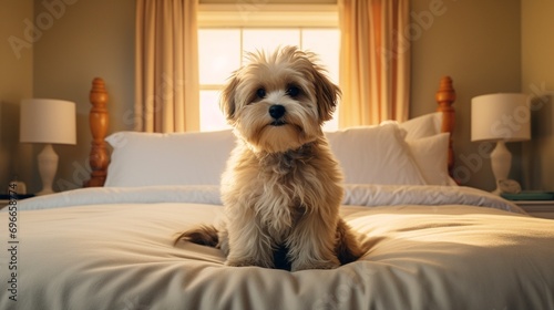 Small adorable dog sits on the edge of a large bed.