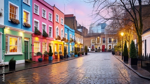 Small square with colorful residential houses in London during winter