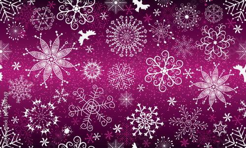 Vector seamless pattern with snowflakes and elements for christmas design on purple gradient background