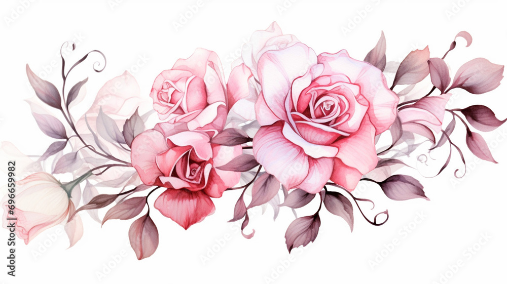 Differents roses on white background. Watercolor style