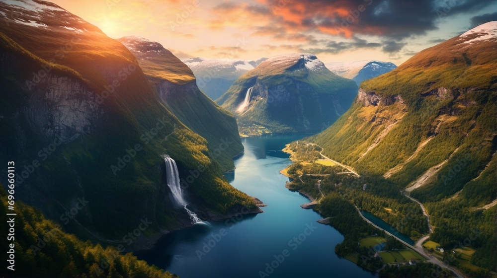 Splendid summer sunset  evening view of famous Seven Sisters waterfalls. Beauty of nature concept background.