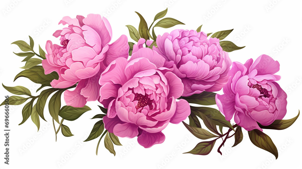 Set of luxury peonies flowers and logo. Trendy botanical elements. Hand drawn line leaves branches and blooming design