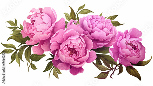 Set of luxury peonies flowers and logo. Trendy botanical elements. Hand drawn line leaves branches and blooming design